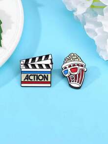 4pcs Delicate Geometric Design Movie Series Enamel Pins, Including Fun Cartoon Popcorn, Projector, Glasses Brooches - Multicolor - View 6
