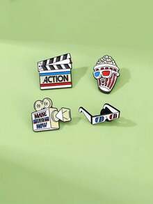 4pcs Delicate Geometric Design Movie Series Enamel Pins, Including Fun Cartoon Popcorn, Projector, Glasses Brooches - Multicolor - View 4