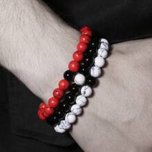 Conjunto de pulseras elásticas retro de 1 set/3 piezas con contraste de color agata negra, dorada, roja y howlita blanca, para uso diario y como regalo para hombres