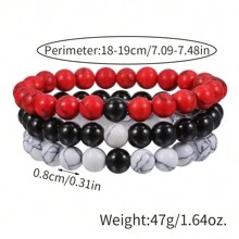 Conjunto de pulseras elásticas retro de 1 set/3 piezas con contraste de color agata negra, dorada, roja y howlita blanca, para uso diario y como regalo para hombres