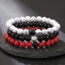 Conjunto de pulseras elásticas retro de 1 set/3 piezas con contraste de color agata negra, dorada, roja y howlita blanca, para uso diario y como regalo para hombres