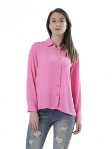 Women's Casual Color Block Button Down Chiffon Blouse Long Sleeve Casual Shirt For Work Office Business - 玫紅色 - 查看 7