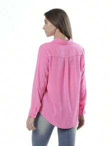Women's Casual Color Block Button Down Chiffon Blouse Long Sleeve Casual Shirt For Work Office Business - 玫紅色 - 查看 2