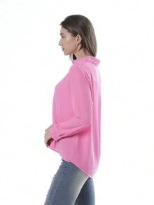 Women's Casual Color Block Button Down Chiffon Blouse Long Sleeve Casual Shirt For Work Office Business - 玫紅色 - 查看 6