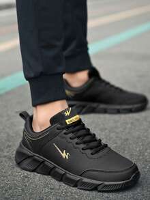 2026春秋新款男士真皮鞋面运动鞋，软底防滑跑步鞋，超轻休闲平底系带学生黑色跑步鞋 - 金色 - 查看 3