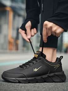 2026春秋新款男士真皮鞋面运动鞋，软底防滑跑步鞋，超轻休闲平底系带学生黑色跑步鞋 - 金色 - 查看 1