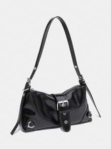 1pc Vintage Patent Leather Soft Motorcycle Style Shoulder Bag With Clasp Decor, Zippered, Adjustable Strap, Suitable For Daily Use And Traveling, Retro Inspired Vintage Bag For Women