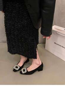 Women's Chunky Heel Square Toe Shoes, Black, Spring/Autumn/Winter - Black - View 2