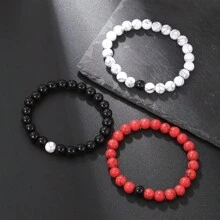 Conjunto de pulseras elásticas retro de 1 set/3 piezas con contraste de color agata negra, dorada, roja y howlita blanca, para uso diario y como regalo para hombres