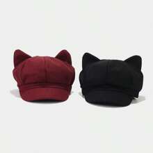 1pc Women's Cute Cat Ear Octagonal Cap British Style Vintage Knitted Newsboy Hat Winter Fall