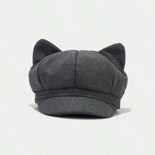 1pc Women's Cute Cat Ear Octagonal Cap British Style Vintage Knitted Newsboy Hat Winter Fall