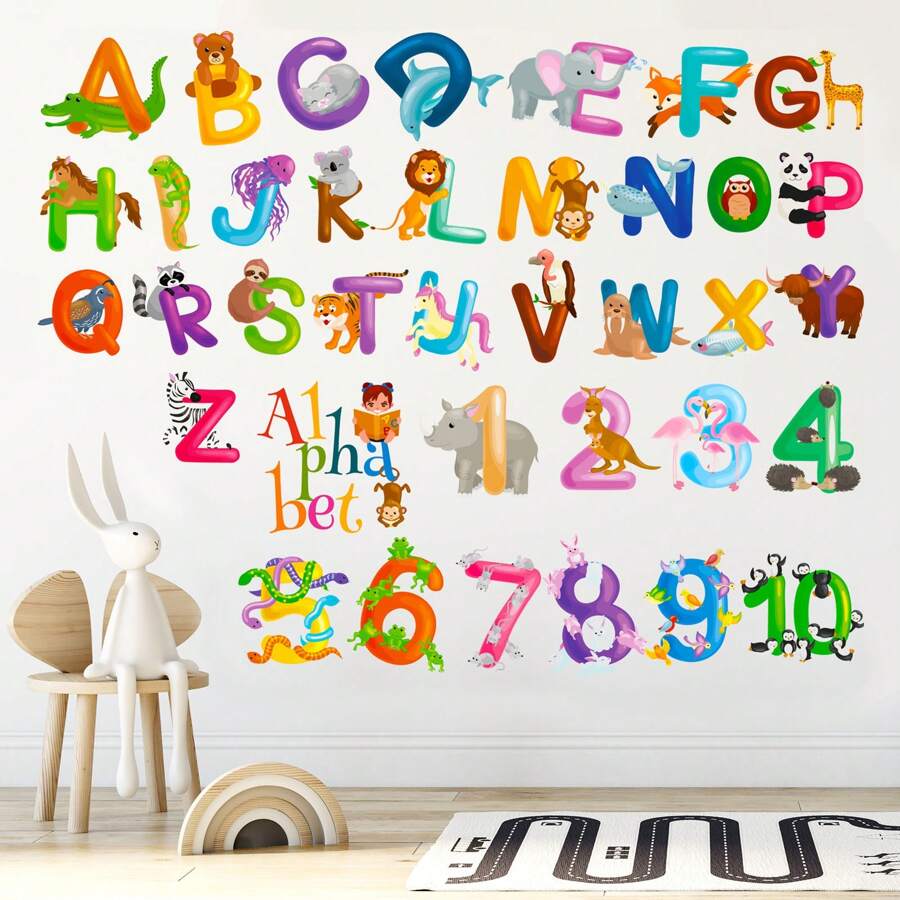 6 Sheet Jungle Alphabet Numbers Wall Sticekrs, Animals ABC Wall Art Decals Educational Wall