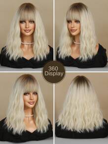 7JHH WIGS Platinum Blonde Wavy Wig Medium Length Wig With Bangs Dark Roots Synthetic Heat Resistant White Blonde Wig Natural Looking Shoulder Length Wigs For Women Daily And Date Use 16 Inch - Gold - View 6