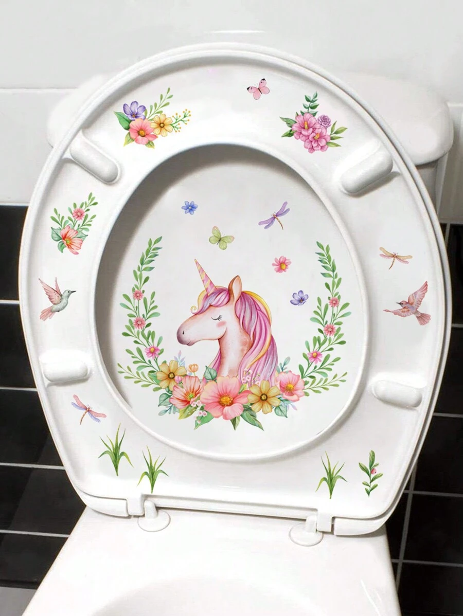 1入組獨角獸花圈壁貼和馬桶貼套裝,適用於浴室和馬桶座墊裝飾 - 彩色 - 查看 1