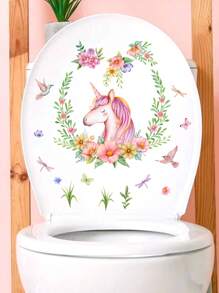 1入組獨角獸花圈壁貼和馬桶貼套裝,適用於浴室和馬桶座墊裝飾 - 彩色 - 查看 4