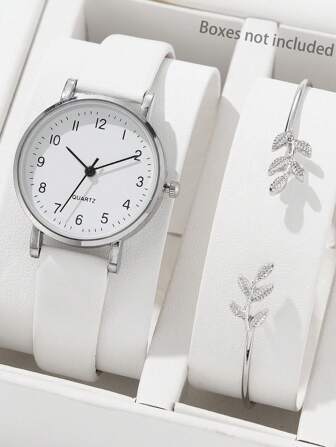 JasonRolls 2入組女士手錶女士錶＆手鐲套裝，簡約時尚石英錶，配有葉子吊墜手鐲