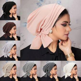 優雅褶紋大型頭巾帽，純色綁帶綁頭巾，經典鞋帶頭巾，女士禮帽髮帽頭巾