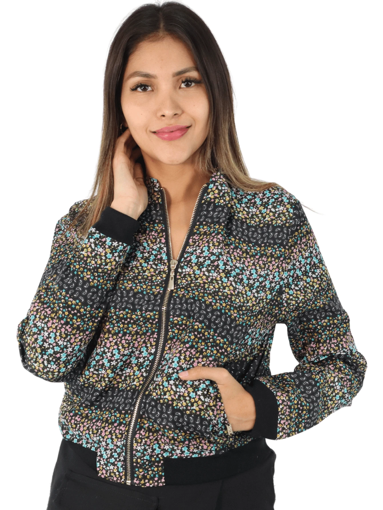 Cazadora tipo bómber, estampada con cremellera. - Negro - Ver 1