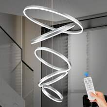 5 Rings D31.5 Modern LED Chandelier Silver Large Dimmable LED Chandeliers With Remote Control Circular High Ceiling Chandeliers For Living Dining Room Staircase Foyer - Silver - View 1