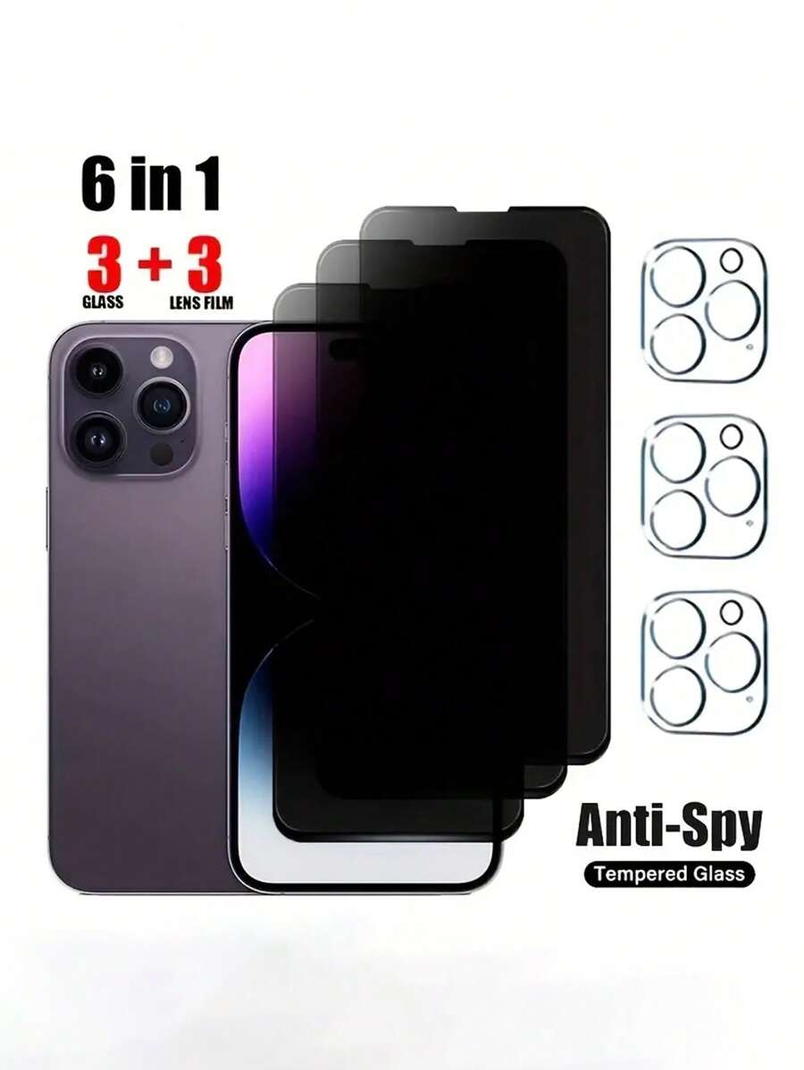 6合1隱私屏幕保護貼，適用於iPhone 14 Pro Max 13 12 11 Plus相機鏡頭膜，適用於iPhone 14 13 12 11 Mini，鋼化玻璃，生日/復活節/男孩/女友禮物 - 黑色 - 查看 1