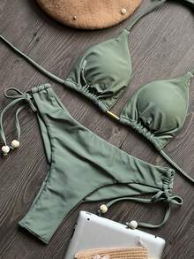 Bộ bikini màu trơn làm từ vải, thích hợp cho kỳ nghỉ hè hoặc đi biển. - xanh quân đội - Xem 2