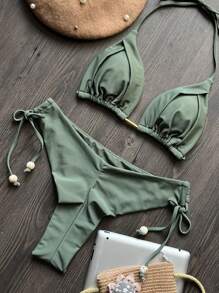 Bộ bikini màu trơn làm từ vải, thích hợp cho kỳ nghỉ hè hoặc đi biển. - xanh quân đội - Xem 1