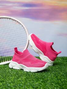 1 双儿童运动鞋袜子鞋，方便穿脱，轻便，透气，防滑跑鞋，校园时尚针织风格 - 玫紅色 - 查看 6