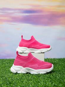 1 双儿童运动鞋袜子鞋，方便穿脱，轻便，透气，防滑跑鞋，校园时尚针织风格 - 玫紅色 - 查看 4