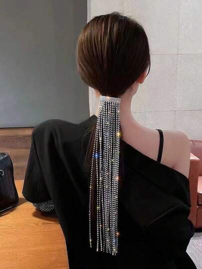 1pc Fashionable Rhinestone Tassel Ponytail Clip, Exaggerated Elegant Hair Accessory For Daily Use, Hairpin
