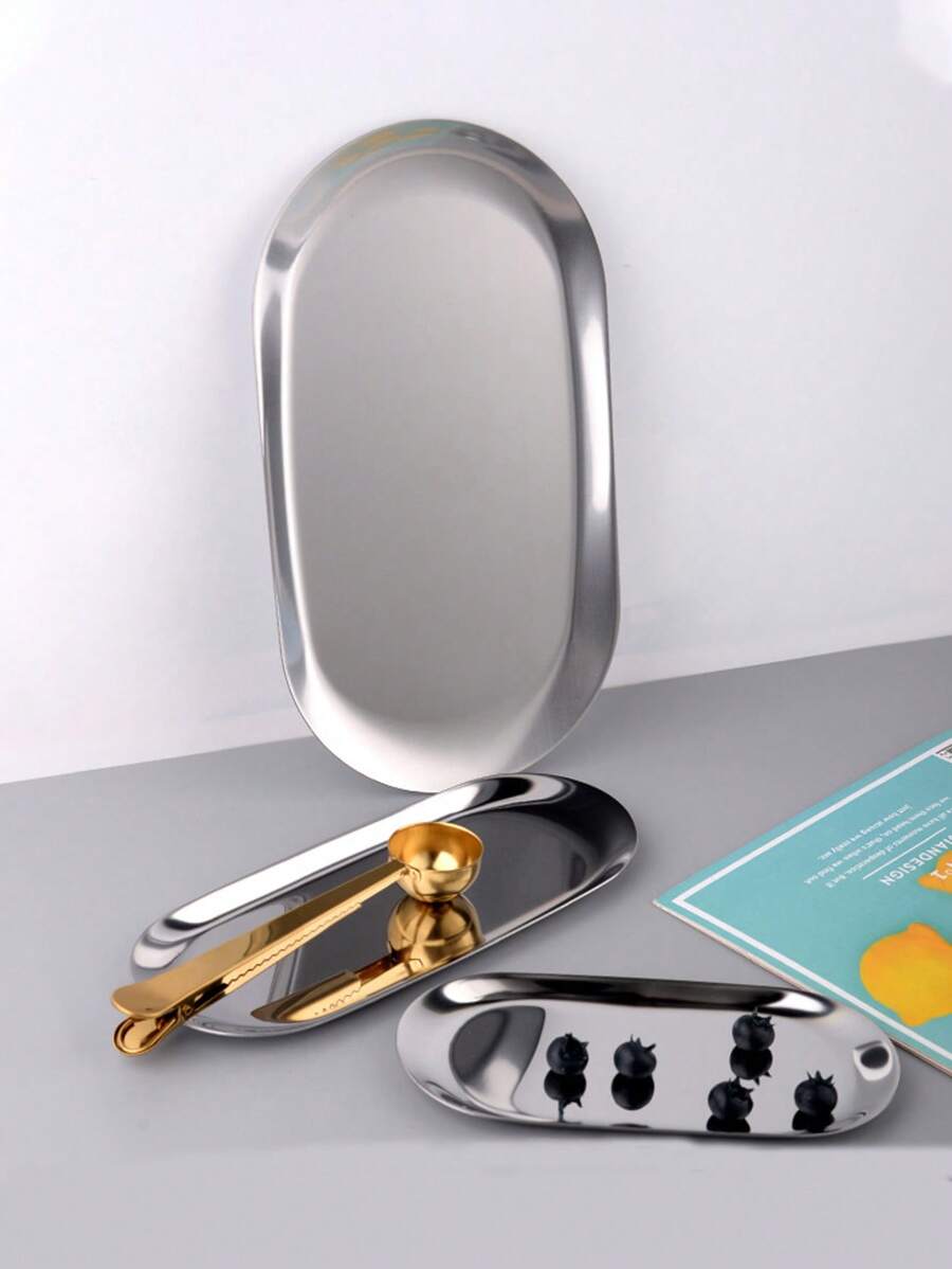 1pc Stainless Steel Snack Tray, Bread Plate Oval Tray, Anti-Skid, Multifunctional Serving Tray For Home Use (Gold/Silver),Kitchen,Christmas Gift