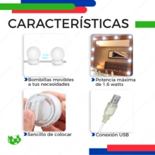 Focos Led Regulables Para Espejo De Tocador 10 Leds Bombillas Con Cable USB Luz cálida, luz fría y luz neutra. - Blanco - Ver 3