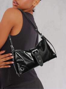1pc Vintage Patent Leather Soft Motorcycle Style Shoulder Bag With Clasp Decor, Zippered, Adjustable Strap, Suitable For Daily Use And Traveling, Retro Inspired Vintage Bag For Women