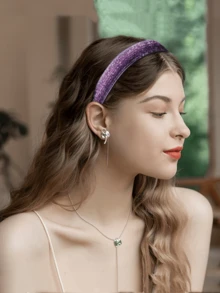 高彈性運動風格女士髮圈,時尚天鵝絨頭箍裝飾著彩色閃亮珠子,輕便舒適可調節尺寸適合日常穿著 - 彩色 - 查看 2