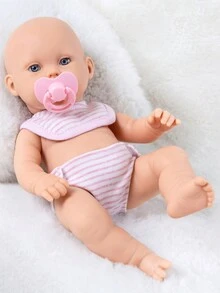 12-Inch Baby Doll Sleeping Baby Realistic Doll, With Pink Striped Bib, Soft Rubber Toy, Cute Silicone Doll For Reborn Play, With Bottle, Pacifier And Bib Set - Pink - View 3