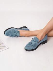 Mocassini In Velluto Con Nappine E Fiocco Per Donna, Stile Casual - Blu - Visualizzare 7