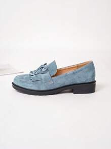 Mocassini In Velluto Con Nappine E Fiocco Per Donna, Stile Casual - Blu - Visualizzare 5