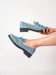 Mocassini In Velluto Con Nappine E Fiocco Per Donna, Stile Casual - Blu - Visualizzare 8