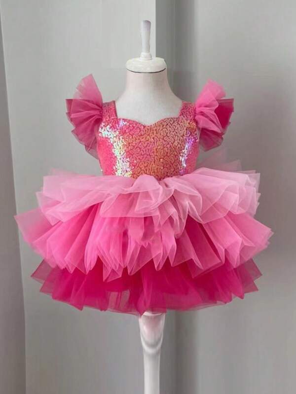 Young Girl's Cap Sleeve Sequin Mesh Puff Party Dress, Christmas Princess Cake Dress, Suitable As Birthday Gift, Flower Girl Dress, Wedding Reception, Halloween Cosplay, Party Gown
