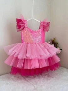 Vestido de princesa con mangas de malla brillante para niña, vestido de pastel de fiesta de Navidad, adecuado como regalo de cumpleaños para niñas, niña de las flores en bodas, banquetes, bailes de graduación, celebraciones festivas - Rosa Fucsia - Ver 4