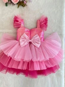 Vestido de princesa con mangas de malla brillante para niña, vestido de pastel de fiesta de Navidad, adecuado como regalo de cumpleaños para niñas, niña de las flores en bodas, banquetes, bailes de graduación, celebraciones festivas - Rosa Fucsia - Ver 2