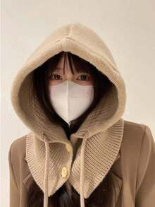 韓國風格貝雷帽圍巾套裝女士,冬季厚實針織灰色帽子帶耳保護 - 灰色 - 查看 12