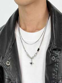 1pc Fashionable Personalized Double Layered Star Pendant Necklace For Men, Retro & Fashionable, Perfect For Sweater Chain, Unique Accessory - Silver - View 4