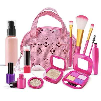 (Tất cả các phụ kiện không bao gồm sơn và bột) Bộ đồ chơi trang điểm 12 món cho bé gái, Bộ đồ chơi trang điểm có thể giặt được dành cho trẻ mới biết đi kèm túi đựng đồ trang điểm công chúa dành cho lứa tuổi từ 3 trở lên