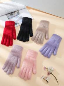 1 Pair Plush Knitted Full Finger Gloves For Women, Warm And Windproof, For Autumn & Winter