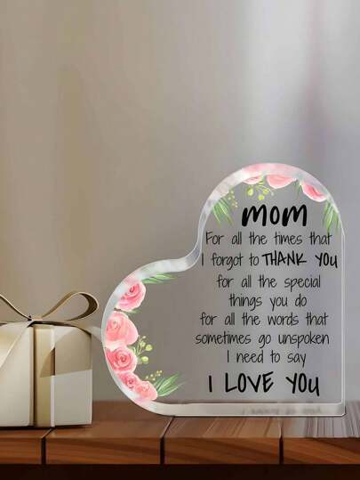 1pc Acrylic Heart Mom Plaque, Floral Quote Decor For Home Or Bedroom, Thankful Keepsake From Daughter Or Family, Desktop Ornament For Living Room, Mothers Day Gifts, Christmas Gifts, Deskdecor, Mom Gifts,Room Decor