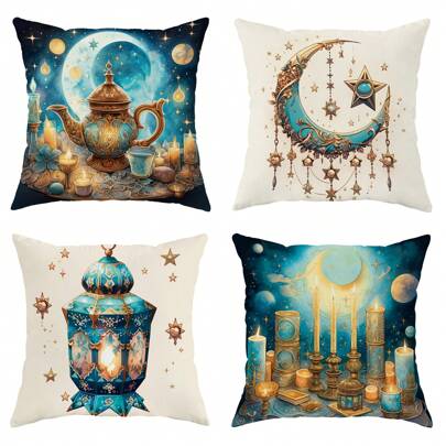 4Pcs  Moon Star Candle Teapot Green Throw Pillow Covers,  Throw Pillow Covers, Velvet Decorative Throw Pillow Covers 45*45Cm/18"*18", Suitable For  Party Living Room Bedroom Sofa Bed Decoration Gift