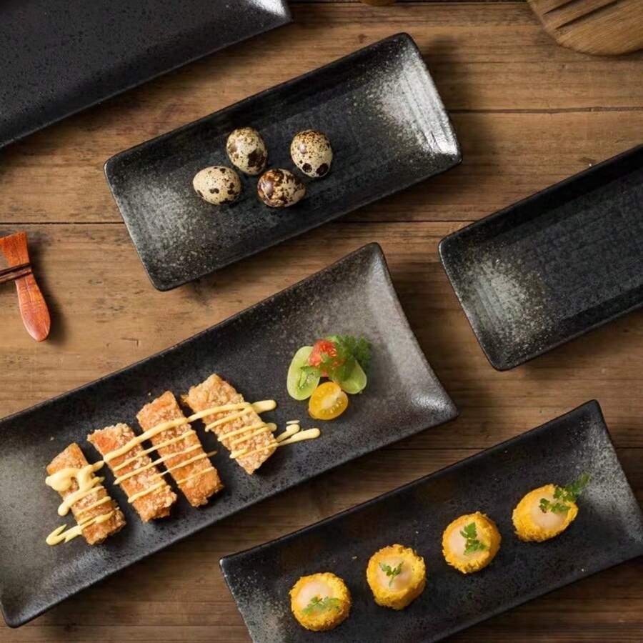 Plato Rectangular De Estilo Japonés Para Sushi, Plato Retro Creativo De Cerámica Para Snacks Con Forma De Tira Larga, Bandeja De Barbacoa Con Vajilla Hermosa - negro medio - Ver 1