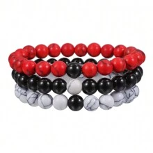 Conjunto de pulseras elásticas retro de 1 set/3 piezas con contraste de color agata negra, dorada, roja y howlita blanca, para uso diario y como regalo para hombres