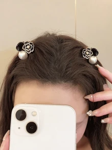 2个甜美山茶花和仿珍珠装饰公主发夹，适合半扎发，日常佩戴优雅情人节发夹，爪夹发卡，发夹，发卡，学习用品，珍珠发饰