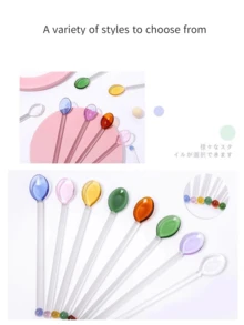 1pc Cute Long Handled Glass Spoon, Colorful Coffee / Milk / Juice Stirring Spoon - White - View 8